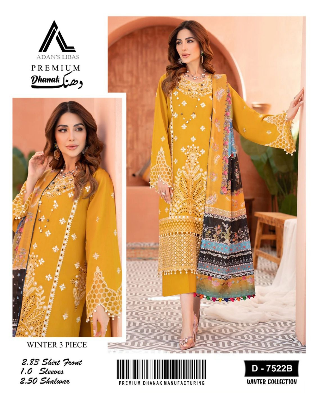 DHANAK 3PC Embroidered Winter Suit